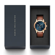Daniel Wellington Iconic Chronograph Blue Dial Brown Leather Strap Watch For Men - DW00100639