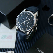 Emporio Armani Lambda Chronograph Blue Dial Blue Leather Strap Watch For Men - AR11018