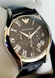 Emporio Armani Valente Chronograph Black Dial Black Leather Strap Watch For Men - AR1633