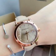 Burberry The City Diamonds Gold Dial Beige Leather Strap Watch for Women - BU9131