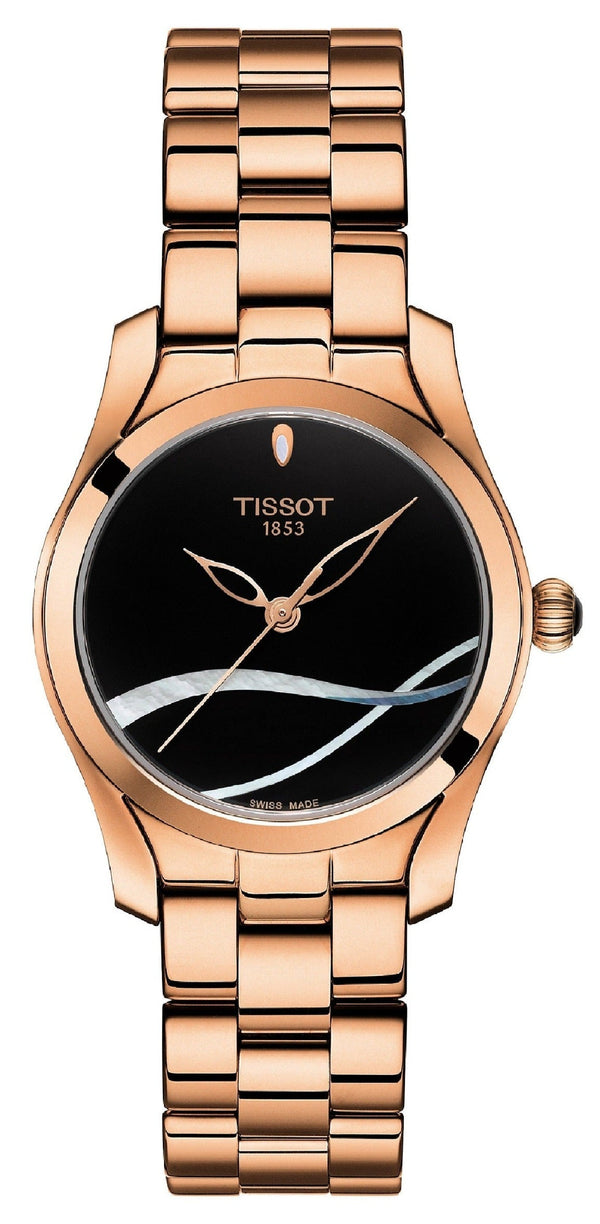 Tissot T Wave Black Dial Rose Gold Steel Strap Watch For Women - T112.210.33.051.00