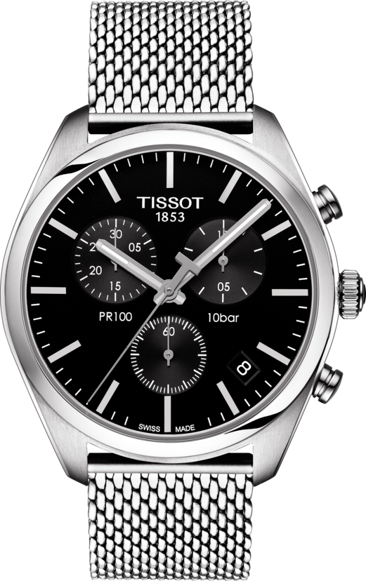 Tissot PR 100 Chronograph Black Dial Silver Mesh Bracelet Watch For Men - T101.417.11.051.01