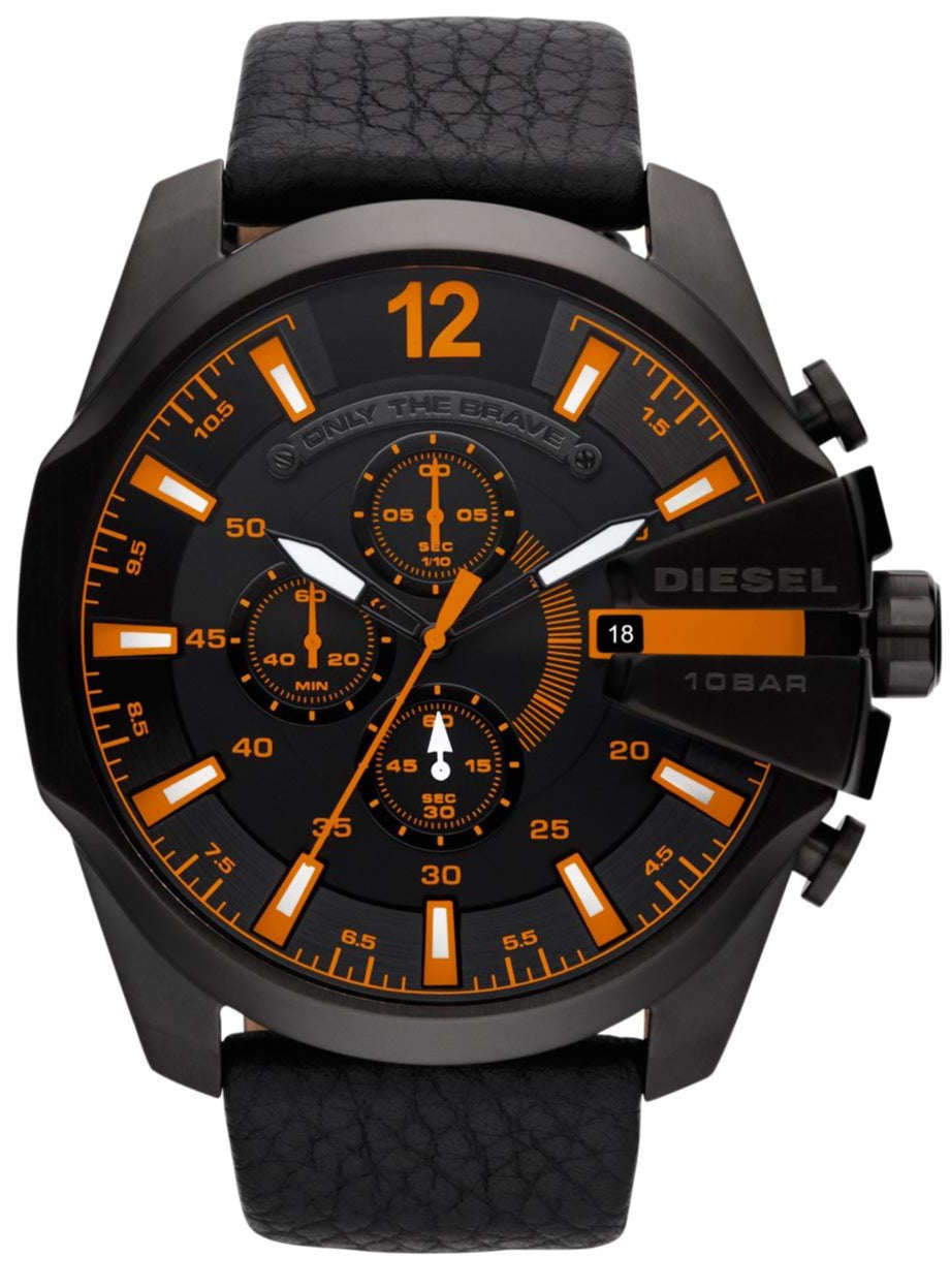 Diesel Mega Chief Chronograph Black Dial Black Leather Strap Watch For Men - DZ4291