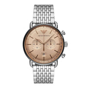 Emporio Armani Aviator Chronograph Beige Dial Silver Steel Strap Watch For Men - AR11239