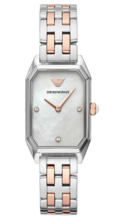 Emporio Armani Gianni T Bar Mother of Pearl Dial Two Tone Steel Strap Watch For Women - AR11146