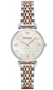 Emporio Armani Gianni T-Bar Mother of Pearl Dial Two Tone Steel Strap Watch For Women - AR1987