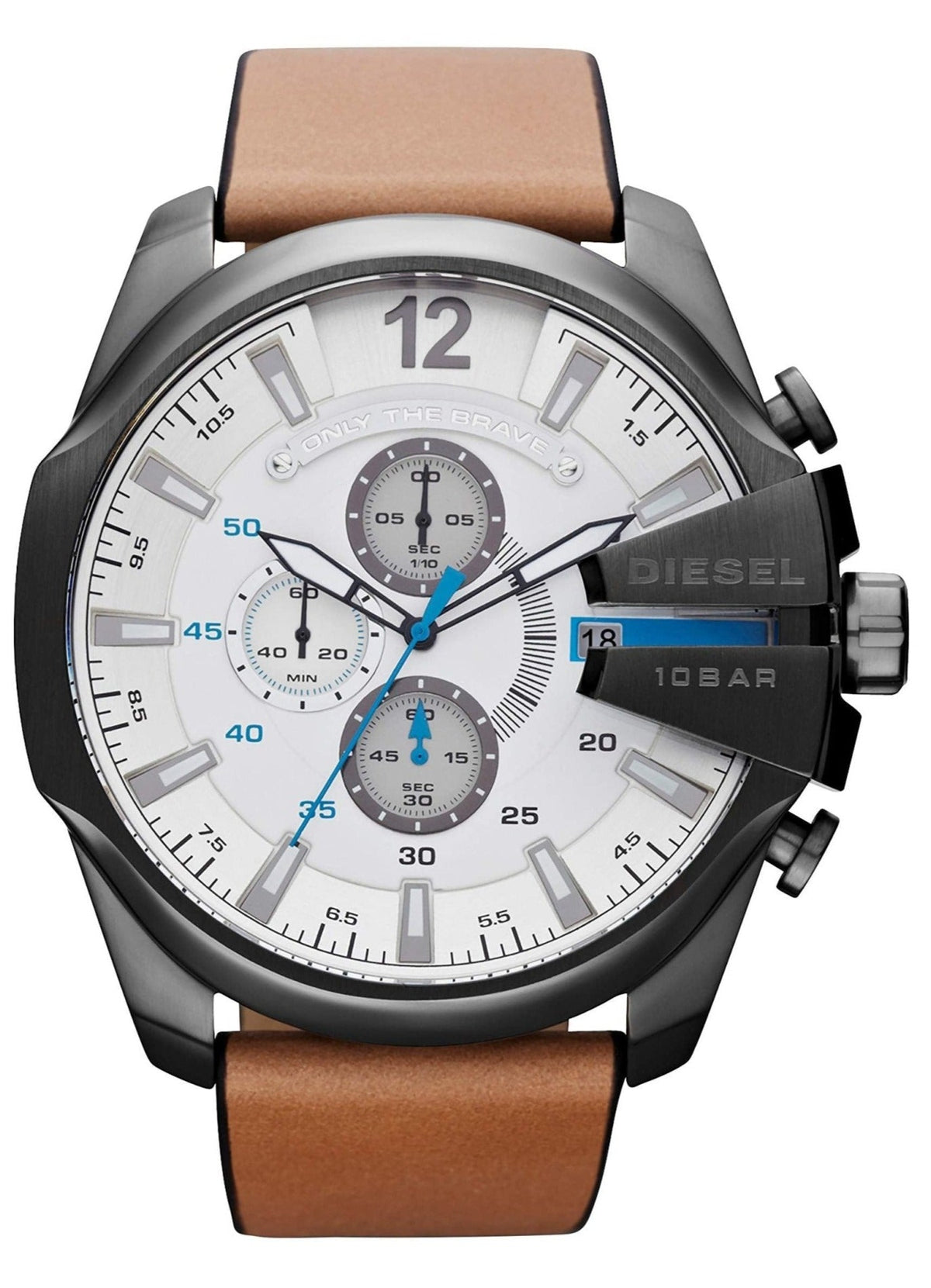 Diesel Mega Chief Chronograph White Dial Brown Leather Strap Watch For Men - DZ4280