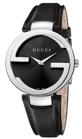 Gucci G Interlocking Black Dial Black Leather Strap Watch For Women - YA133301