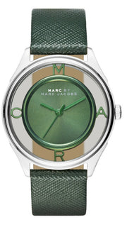 Marc Jacobs Tether Transparent Green Dial Green Leather Strap Watch for Women - MBM1378