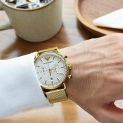 Emporio Armani Aviator Chronograph Quartz Beige Dial Gold Mesh Bracelet Watch For Men - AR11315
