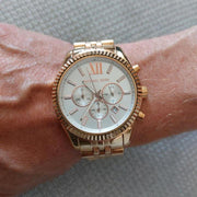 Michael Kors Lexington Chronograph White Dial Rose Gold Steel Strap Watch For Women - MK8313