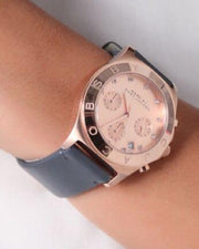 Marc Jacobs Blade Chronograph Rose Gold Dial Black Leather Strap Watch for Women - MBM1188