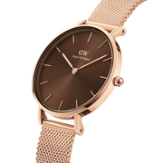 Daniel Wellington Petite Amber Brown Dial Gold Mesh Strap Watch For Women - DW00100476