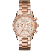 Michael Kors Ritz Chronograph Rose Gold Dial Rose Gold Steel Strap Watch for Women - MK6077