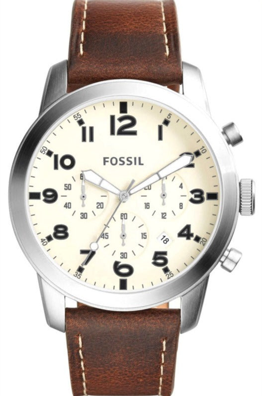 Fossil Pilot Chronograph White Dial Brown Leather Strap Watch for Men - FS5146