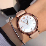 Emporio Armani Mother of Pearl Dial Beige Leather Strap Watch For Women - AR11004