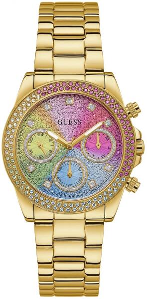 Guess Confetti Chronograph Rainbow Dial Gold Steel Strap Watch For Women  - GW0483L4