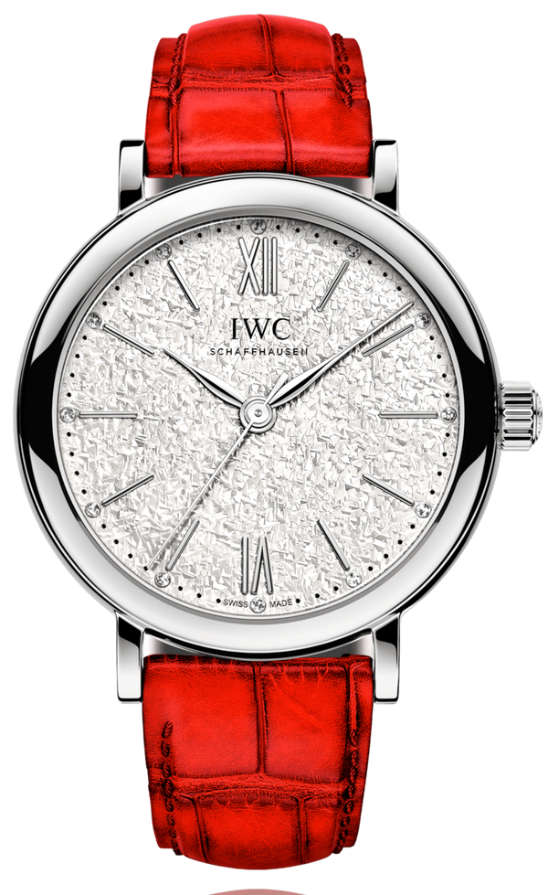 IWC Portofino Automatic Diamonds Silver Dial Red Leather Strap Watch for Women - IW357408