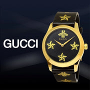 Gucci G Timeless Bee Motif Black Dial Black Leather Strap Watch For Women - YA1264055