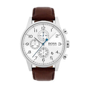 Hugo Boss Navigator Chronograph White Dial Brown Leather Strap Watch for Men - 1513495