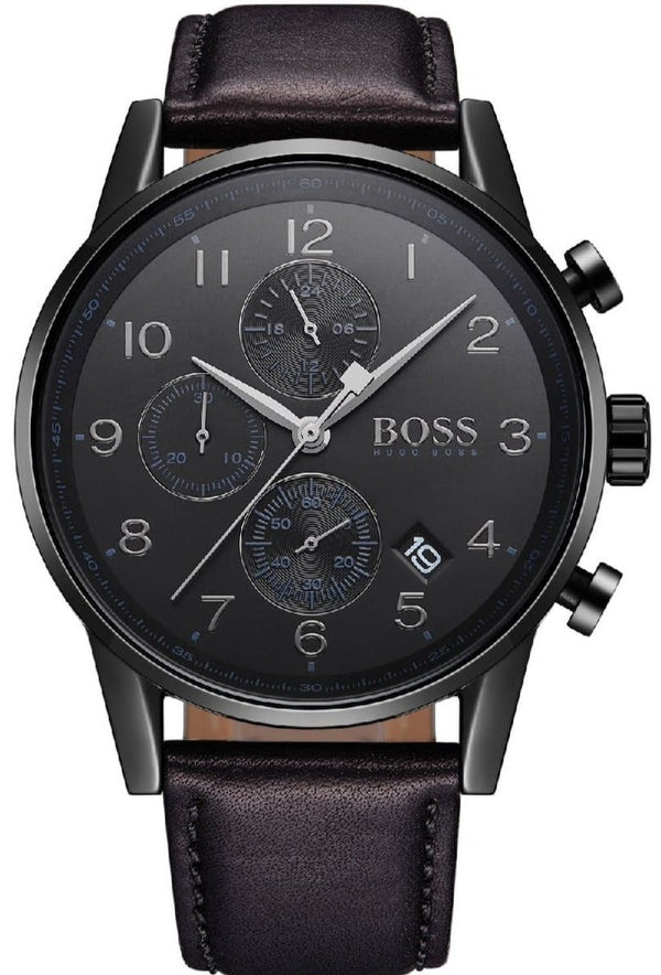 Hugo Boss Navigator Chronograph Black Dial Black Leather Strap Watch for Men - 1513497