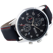 Hugo Boss Navigator Black Dial Black Leather Strap Watch for Men - 1513535