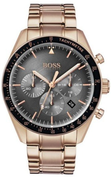 Hugo Boss Trophy Chronograph Grey Dial Rose Gold Steel Strap Watch for Men - 1513632