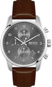 Hugo Boss Skymaster Chronograph Grey Dial Brown Leather Strap Watch for Men - 1513787