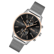 Hugo Boss Associate Chronograph Black Dial Silver Mesh Bracelet Watch for Men - 1513805