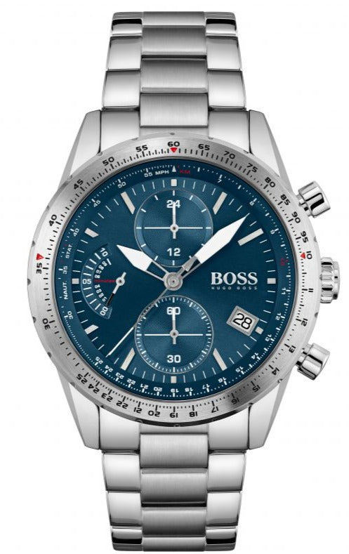 Hugo Boss Pilot Chronograph Blue Dial Silver Steel Strap Watch for Men - 1513850
