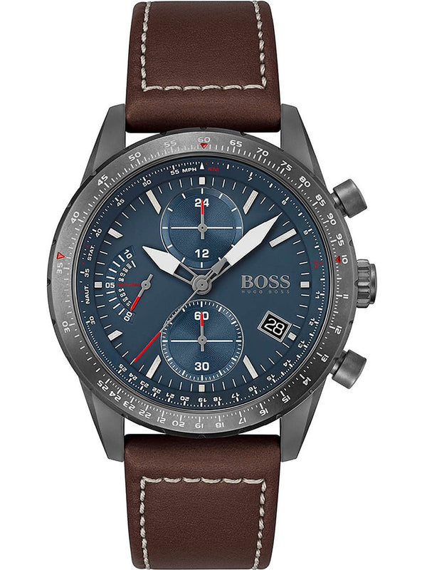 Hugo Boss Pilot Edition Chronograph Blue Dial Brown Leather Strap Watch for Men - 1513852