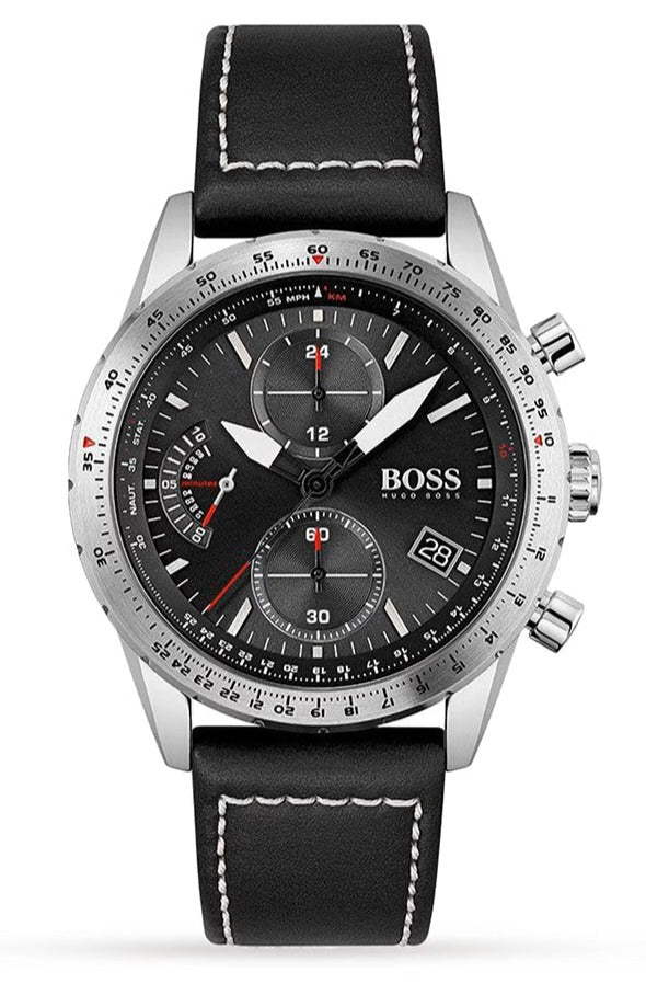 Hugo Boss Pilot Edition Chronograph Black Dial Black Leather Strap Watch for Men - 1513853