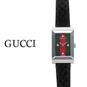 Gucci G-Frame Mother of Pearl Green & Red Dial Black Leather Strap Watch For Women - YA147403
