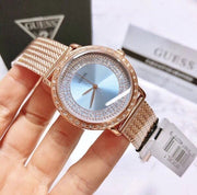 Guess Willow Crystal Blue Dial Rose Gold Mesh Bracelet Watch For Women - W0836L1