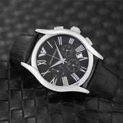 Emporio Armani Valente Chronograph Black Dial Black Leather Strap Watch For Men - AR1633