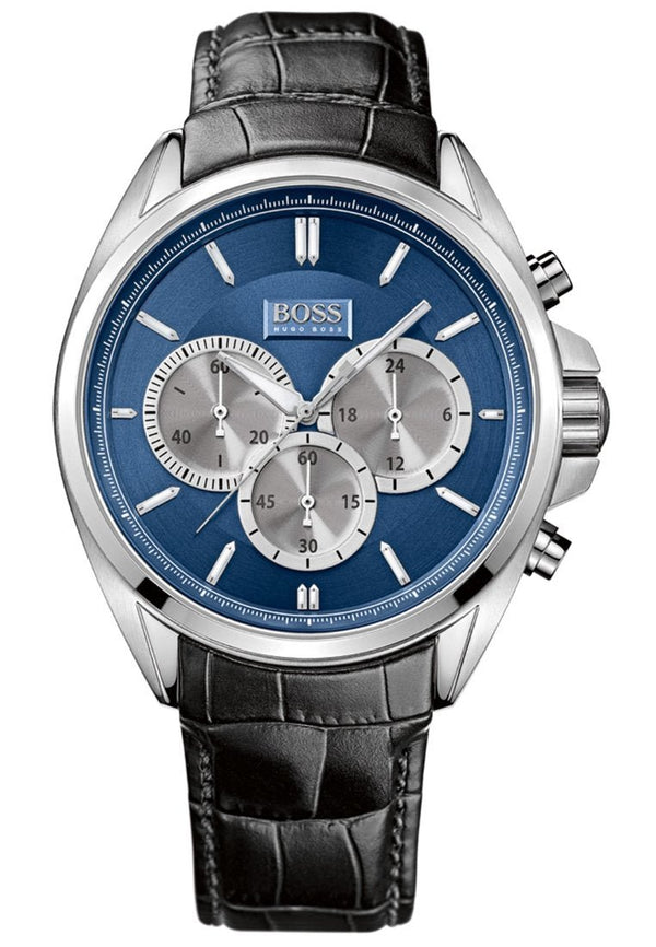 Hugo Boss Driver Chronograph Blue Dial Black Leather Strap Watch for Men - 1512882