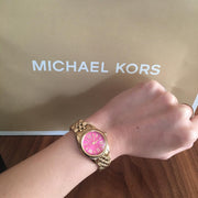 Michael Kors Lexington Quartz Pink Dial Gold Steel Strap Watch For Women - MK3270