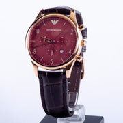 Emporio Armani Classic Chronograph Burgundy Dial Brown Leather Strap Watch For Men - AR1890