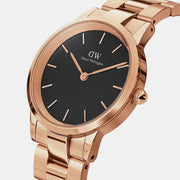 Daniel Wellington Iconic Link Black Dial Rose Gold Steel Strap Watch for Women - DW00100210