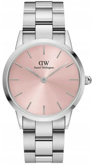 Daniel Wellington Iconic Link Pink Dial Silver Steel Strap Watch For Women - DW00100327