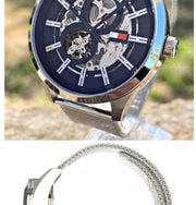 Tommy Hilfiger Spencer Skeleton Black Dial Silver Mesh Bracelet Watch for Men - 1791643