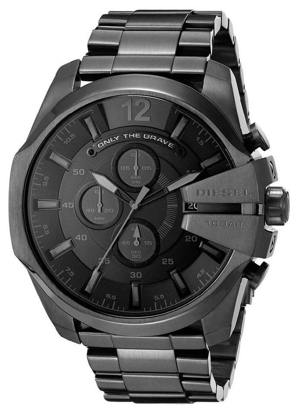 Diesel Mega Chief Chronograph Black Dial Black Steel Strap Watch For Men - DZ4355