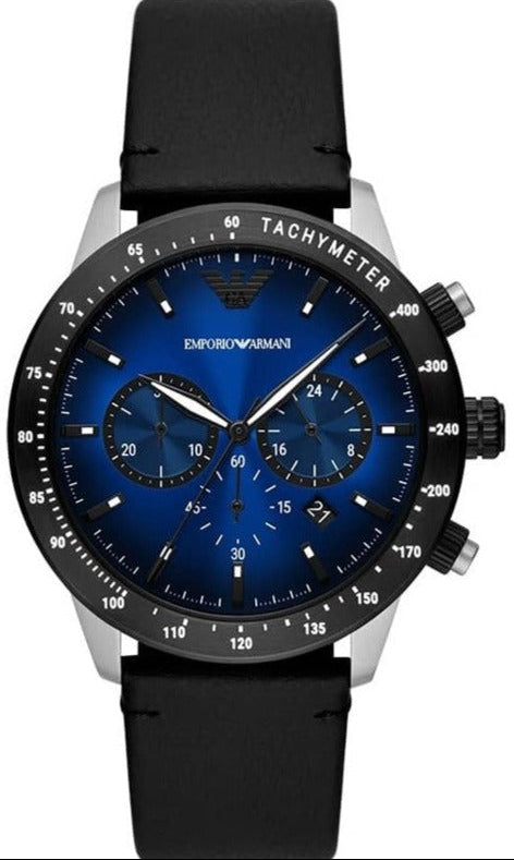 Emporio Armani Mario Chronograph Blue Dial Black Leather Strap Watch For Men - AR11522