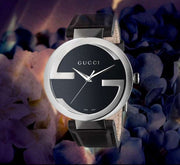 Gucci Interlocking G Iconic Black Dial Black Leather Strap Watch For Men - YA133205
