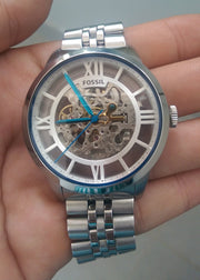 Fossil Townsman Automatic Skeleton Silver Dial Silver Steel Strap Watch for Men - ME3044