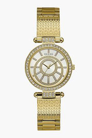 Guess Muse Crystals White Dial Rose Gold Steel Strap Watch For Women - W1008L2