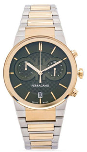 Salvatore Ferragamo Sapphire Chrono Green Dial Two Tone Steel Strap Watch for Men - SFME01223