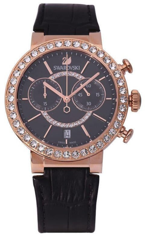 Swarovski Citra Sphere Chronograph Black Dial Black Leather Strap Watch for Women - 5055209