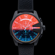 Diesel Mega Chief Chronograph Black Dial Black Leather Strap Watch For Men - DZ4323