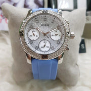 Guess Confetti Crystal Silver Dial Blue Rubber Strap Watch For Women - W1098L3